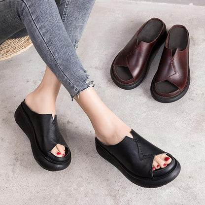 Women 2022 Sewing Platform Casual Leather Slippers
