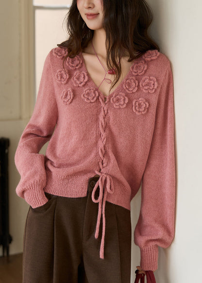 Vintage Raspberry Pink V Neck Rose Drawstring Cotton Knit Sweaters Fall