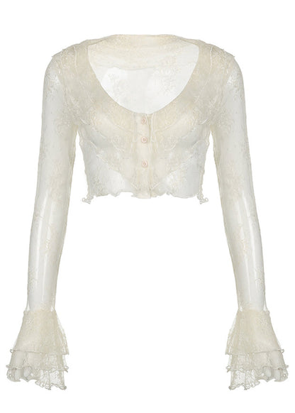 Boho Beige Ruffled Lace Shirt Flare Sleeve