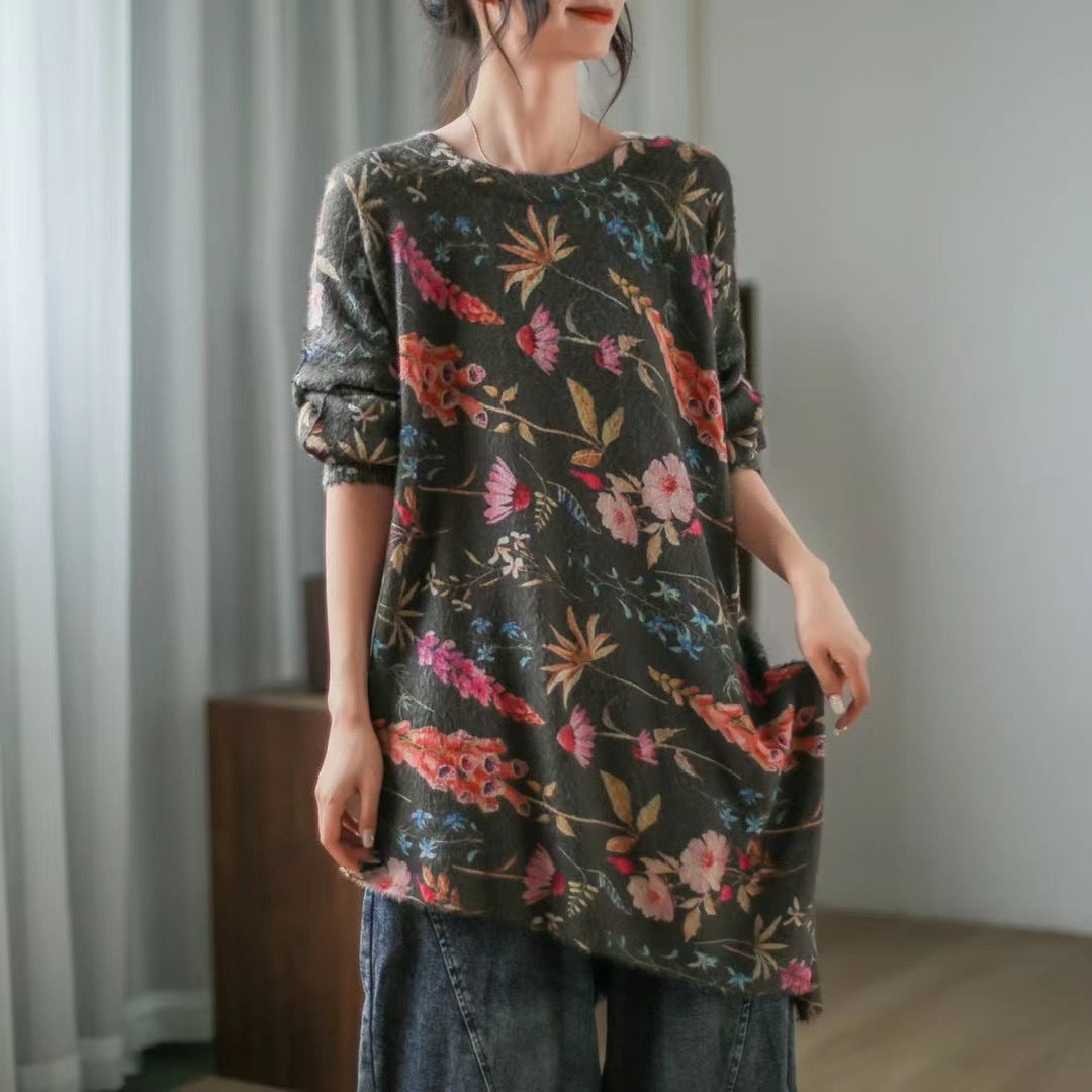 Retro Literary Casual Print Mid-Length Irregular Sweater
