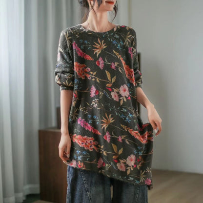 Retro Literary Casual Print Mid-Length Irregular Sweater