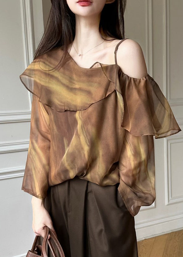 Beautiful Brown One Shoulder Tie Dye Chiffon Blouse Top Spring