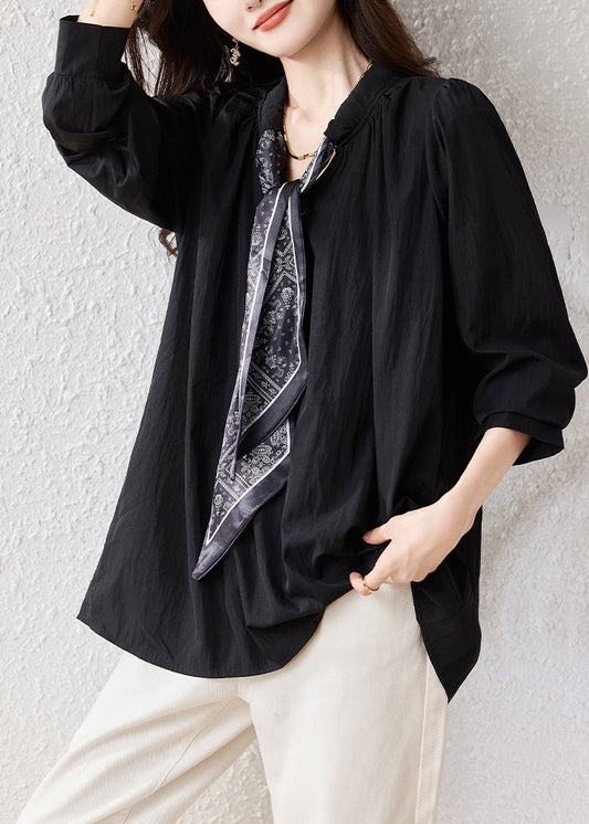 Casual Black Oversized Scarf Cotton Blouse Top Fall