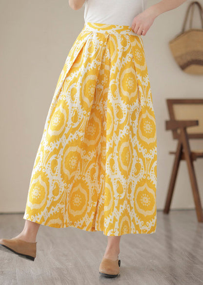 Beautiful Yellow High Waist Pockets Print Crop Pants Skirt Summer