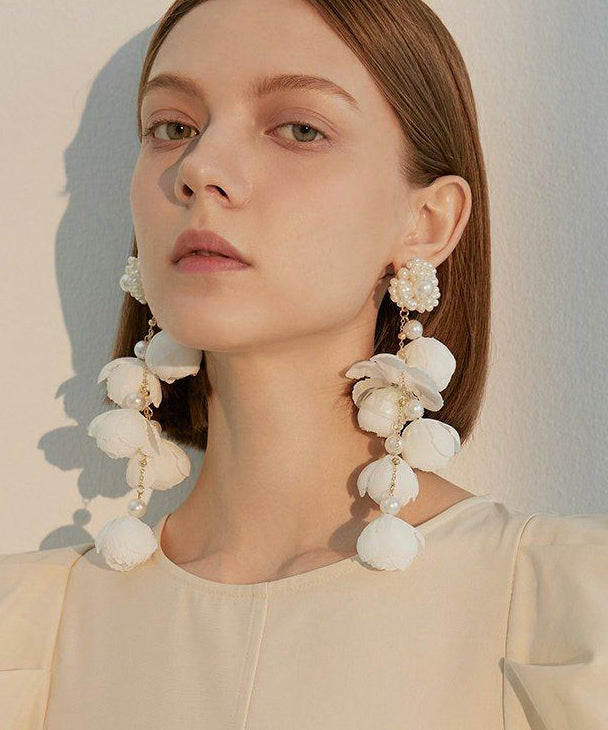 Women Purple Flower Tasseled Pearl Drop Earrings