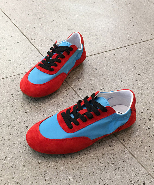 Casual Comfy Red Lace Up Splicing Suede Flat Shoes