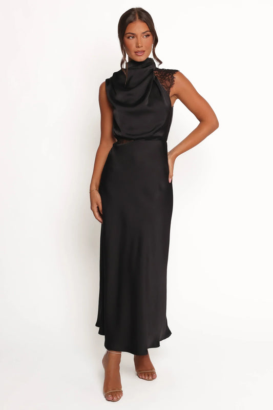 Anabelle Halter Neck Lace Maxi Dress - Black