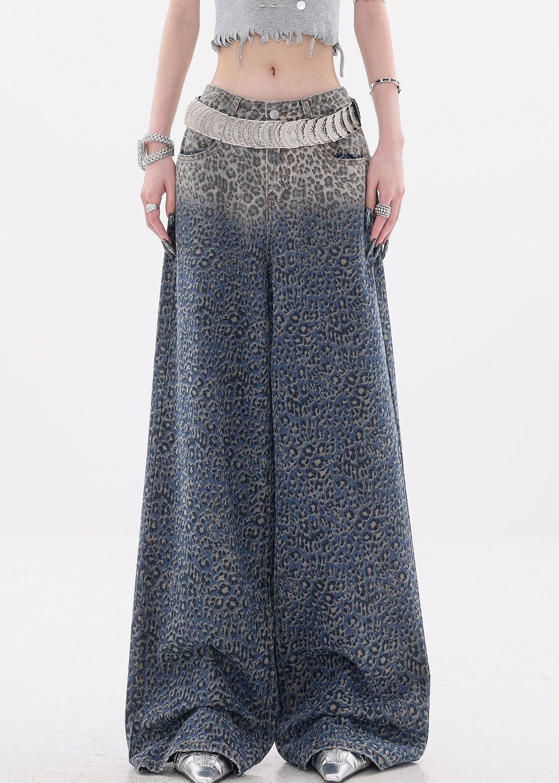 Chic Gradient Color Leopard High Waist Denim Wide Leg Pants Fall