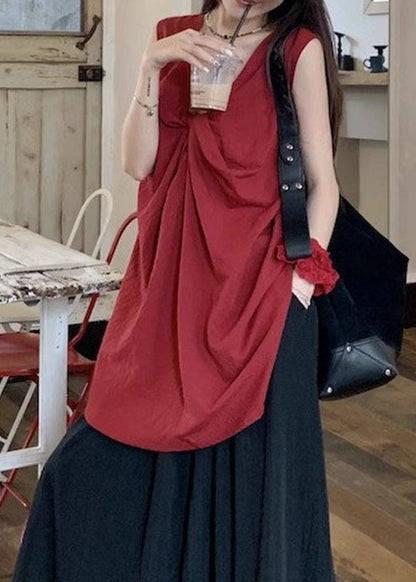 Casual Red V Neck Wrinkled Top Sleeveless