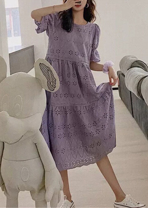 Fashion Purple Embroidered Hollow Out Patchwork Cotton Dress Puff Sleeve