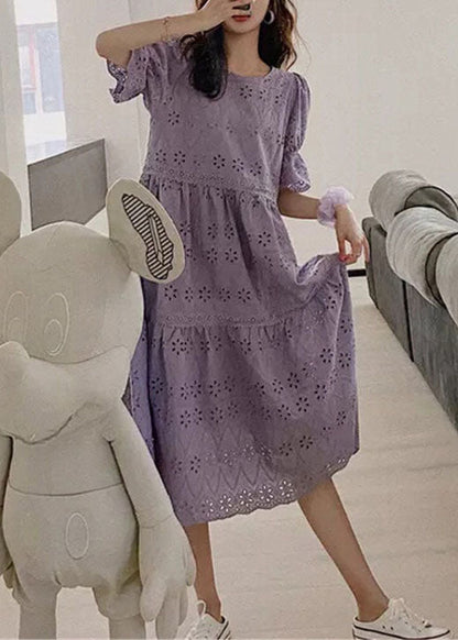Fashion Purple Embroidered Hollow Out Patchwork Cotton Dress Puff Sleeve