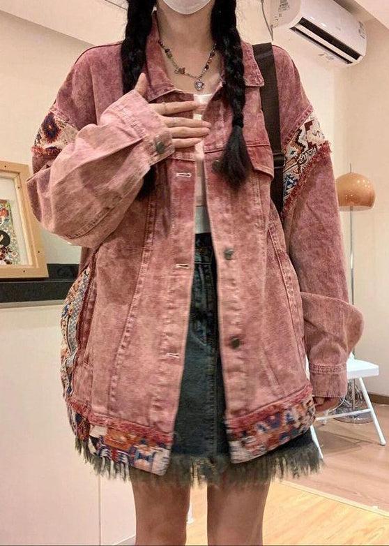 Vintage Pink Peter Pan Collar Button Patchwork Denim Coat Spring