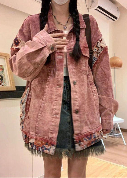 Vintage Pink Peter Pan Collar Button Patchwork Denim Coat Spring