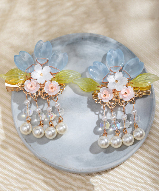 DIY Colorblock Copper Alloy Pearl Colored Glaze Floral Tassel Girls A Pair Hairpin