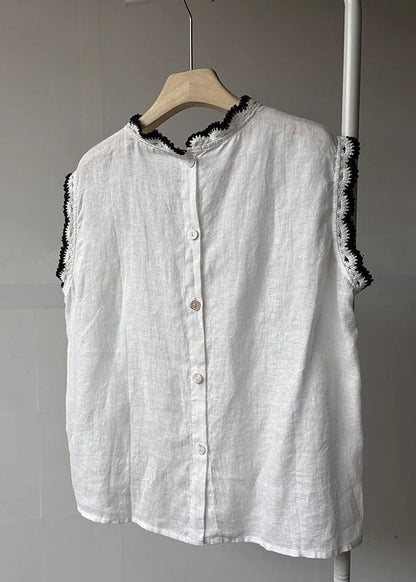 Women Back Button Down Patchwork Lace Linen Tops Sleeveless