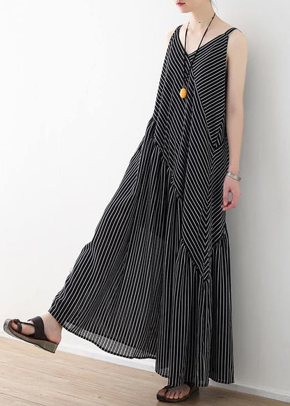 Women black striped chiffon clothes Boho Outfits Spaghetti Strap asymmetric Robe Summer Dresses