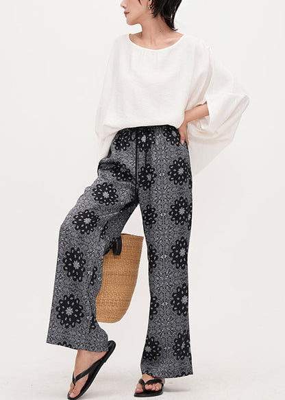 Casual Grey Elastic Waist Print Cotton Straight Pants Summer