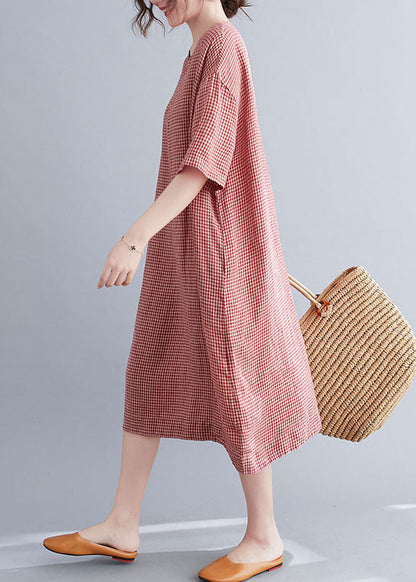 Elegant Red Pockets Plaid Cotton Vacation Dresses Short Sleeve
