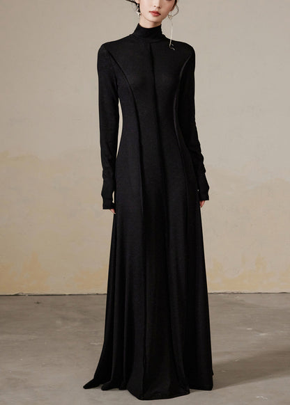 Black Wrinkled Solid Cotton Long Dresses Turtleneck