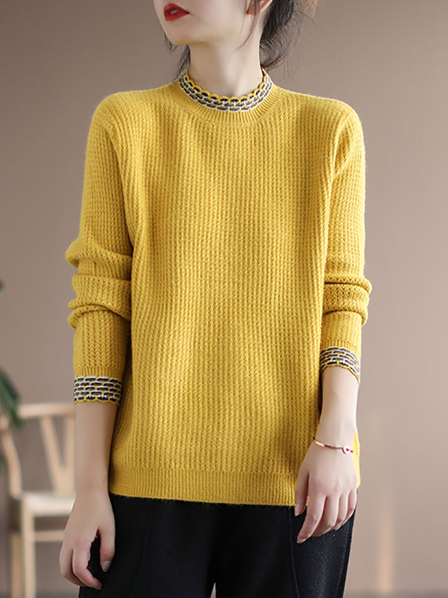 Women Vintage Winter Spliced Knitted Loose Sweater