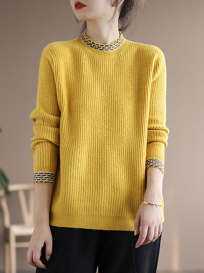 Women Vintage Winter Spliced Knitted Loose Sweater