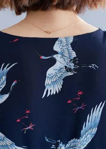 Chic navy print chiffon dresses Vintage Outfits v neck Ruffles Summer Dresses