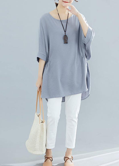 Beautiful gray striped cotton clothes For Women Batwing Sleeve loose summer blouse
