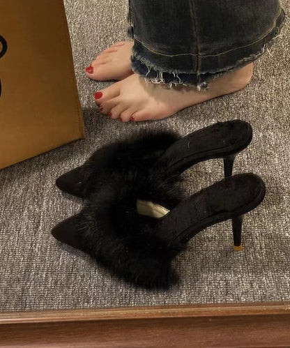 2025 New Pink High Heels Slippers Pointed Toe Fuzzy Wool Lined