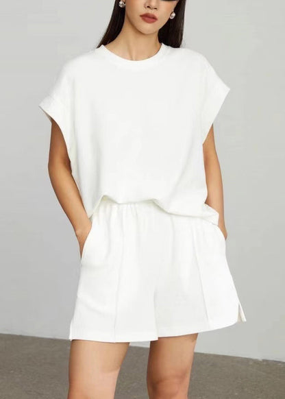 Simple White Oversized Cotton Tops And Shorts 2 Piece Outfit Summer