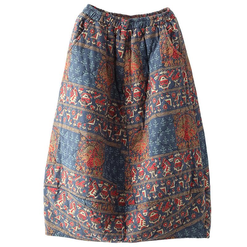 Winter Retro Ethnic Style Cotton Linen Floral Skirt