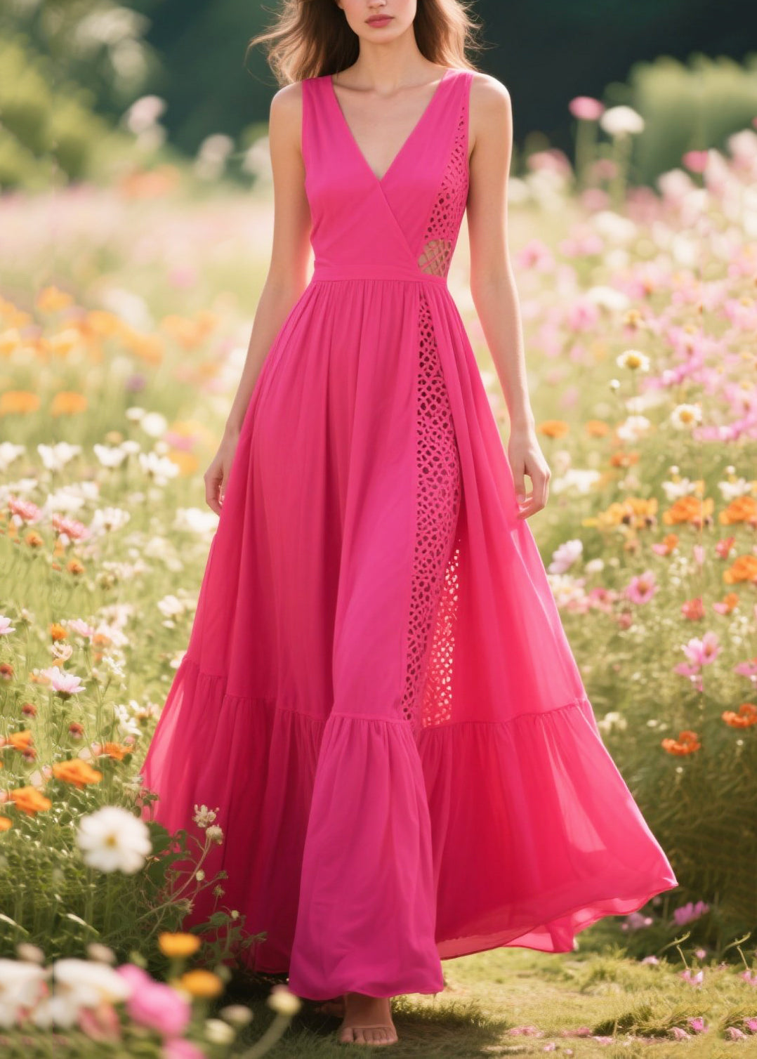 Casual Rose Asymmetrical Patchwork Cotton Vacation Dresses Summer