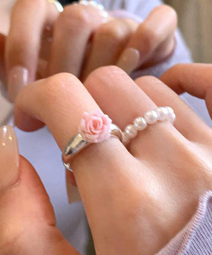 Handmade Alloy Pearl Floral Rings Two-Piece Set