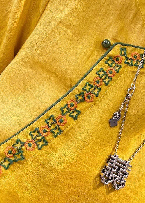 Chinese Style Yellow O-Neck Embroidered Linen Tops Short Sleeve