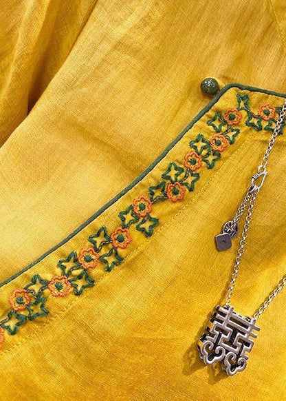 Chinese Style Yellow O-Neck Embroidered Linen Tops Short Sleeve
