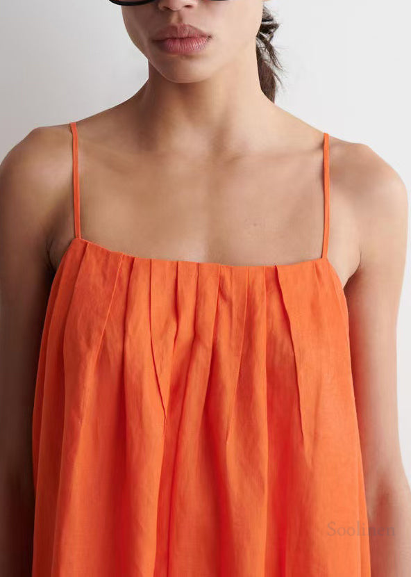 Bohemian Orange Oversized Linen Spaghetti Strap Dress Summer