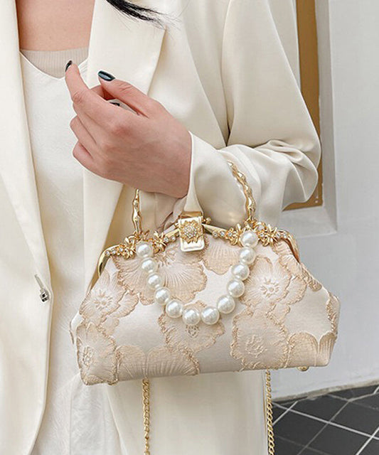 Elegant Khaki Pearl Zircon Satin Tote Handbag