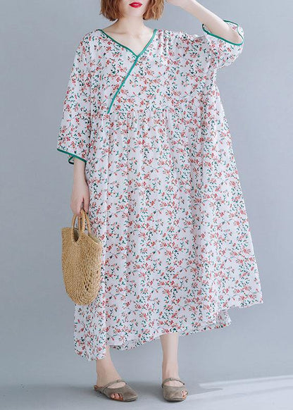 Organic white print cotton dress v neck Extra large hem A Line summer Dress