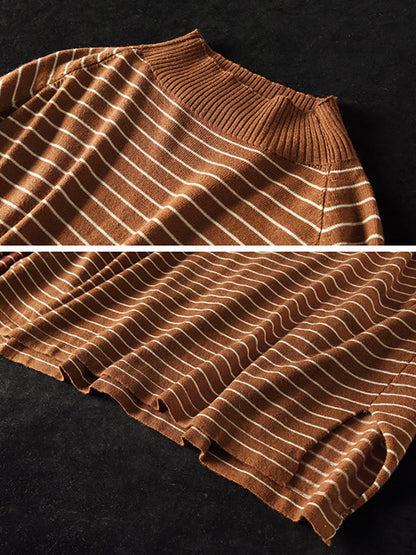 Plus Size - Stripes Turtleneck Knitted Long Sleeve Sweater
