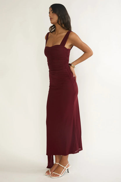 Emara Ruched Waist Sash Maxi Dress Burgundy