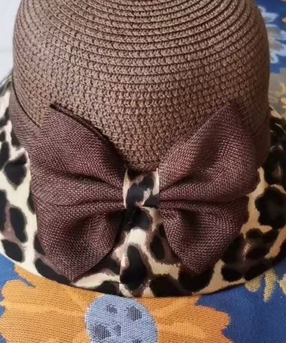 New Coffee Bow Leopard Print Grass Woven Breathable Fisherman Hat