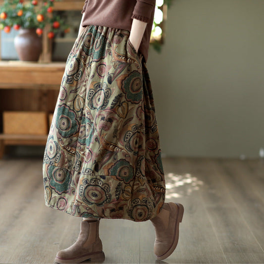 Ethnic Style Padded Quilted Printed Skirt