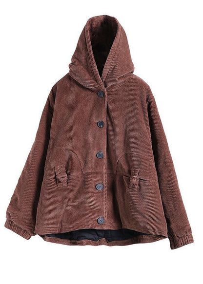Coffee Thick Fine Cotton Filled Corduroy Hooded Coat Winter