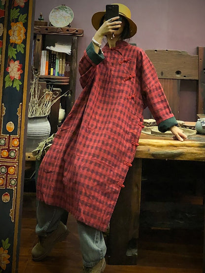 Women Stand Collar Button Cotton Robe Dress
