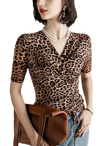 Fashion Leopard V Neck Cinched Tulle Tops Summer