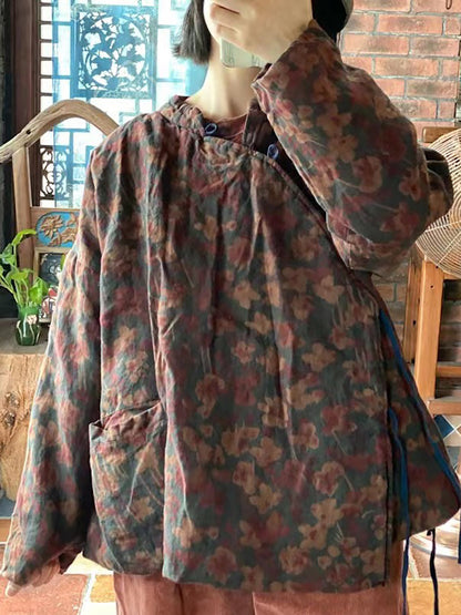 Women Stand Collar Print Pure Linen Vintage Loose Padded Coat