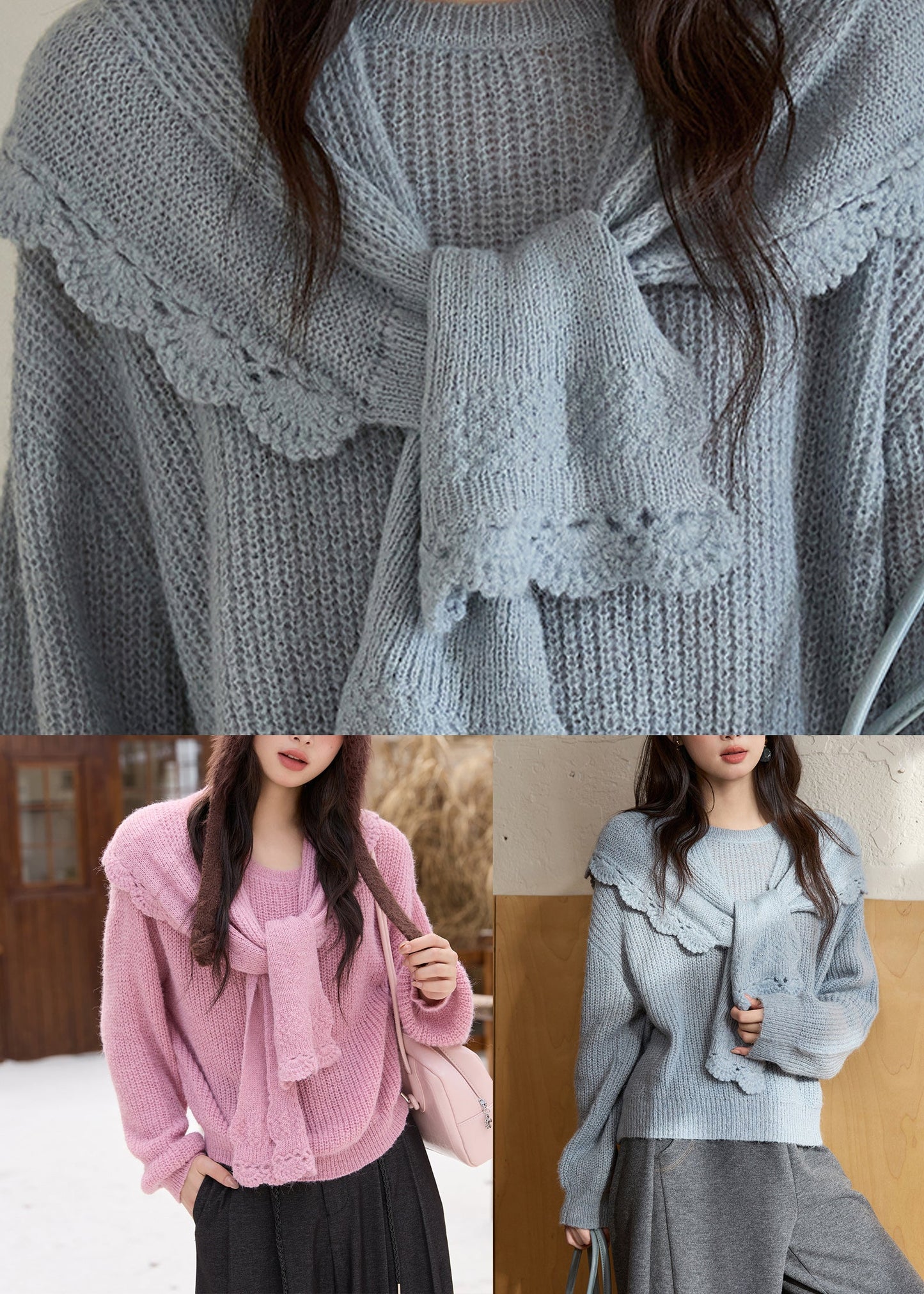 Chic Blue O-Neck Cotton Knit Sweaters And Shawl Two Pieces Set Lantern Sleeve