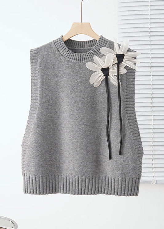 Modern Grey Floral Decorated Warm Knit Vests Fall
