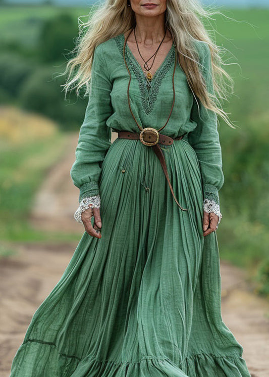 Boho Green V Neck Wrinkled Patchwork Cotton Dresses Spring