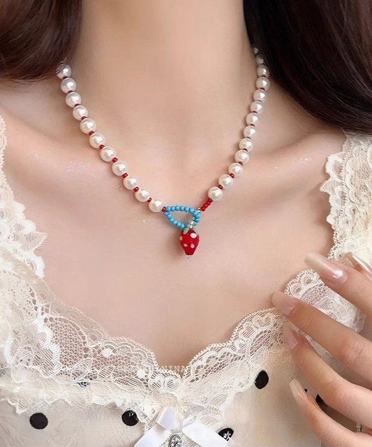 Cute White Alloy Strawberries Pearl Princess Necklace