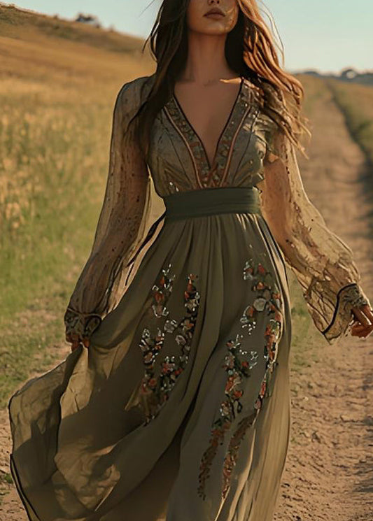 Beautiful Green V Neck Print Cotton Maxi Dresses Spring